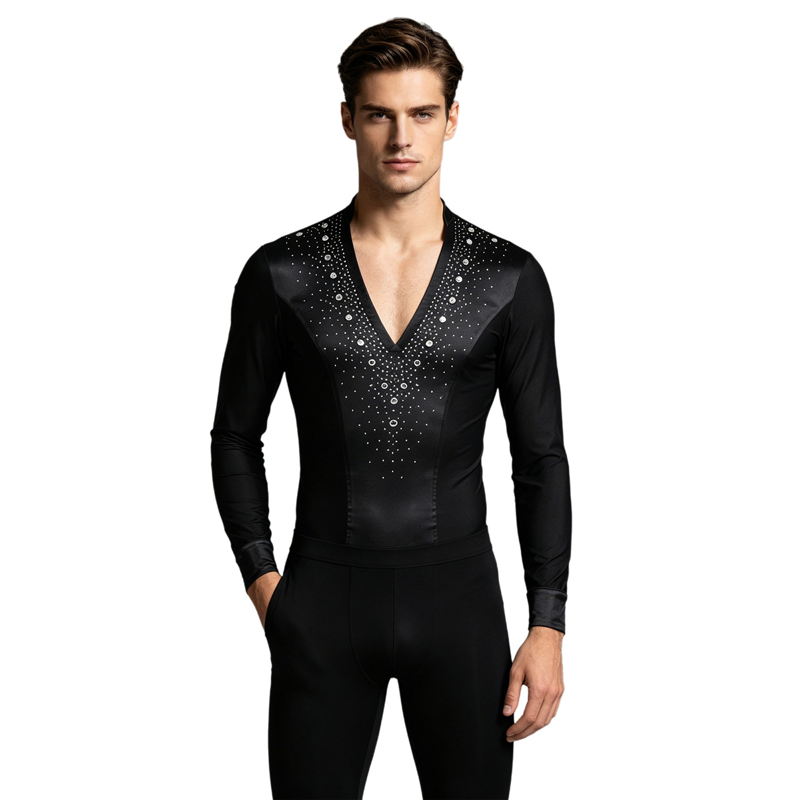 Mens Latin Jazz Dance Leotard  - Rhinestone Banding Trim 评论和价格