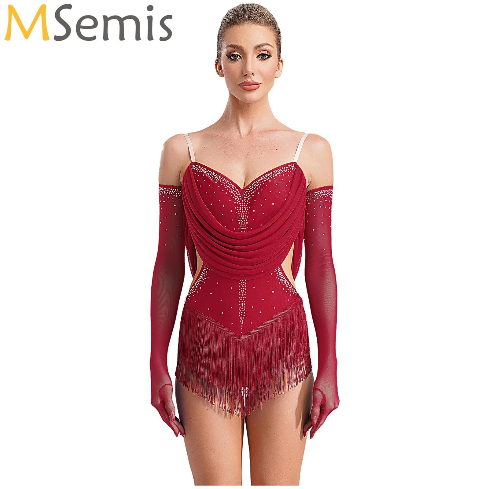 Women Ruched Mesh Tassel Latin - Rhinestone Banding Trim 评论和价格